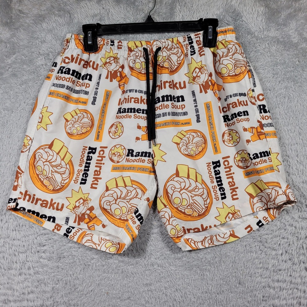 Naruto Shippuden Ichiraku Ramen Swim Trunks‎ Mens Medium White Orange Anime